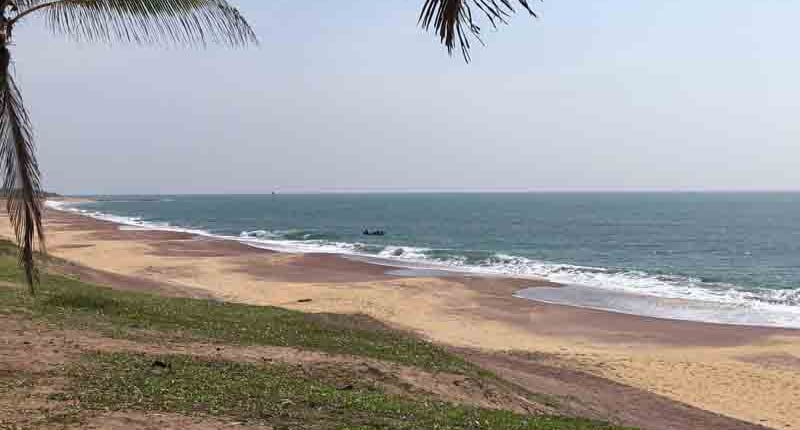 A wide sweep of empty sand and breaking surf seen through overhanging palm fronds, with a small boat offshore