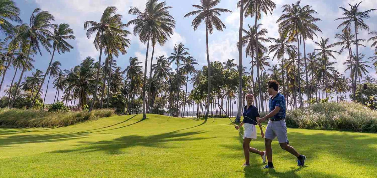 Two golfers walking side by side across a wide green fairway lined with tall coconut palms
