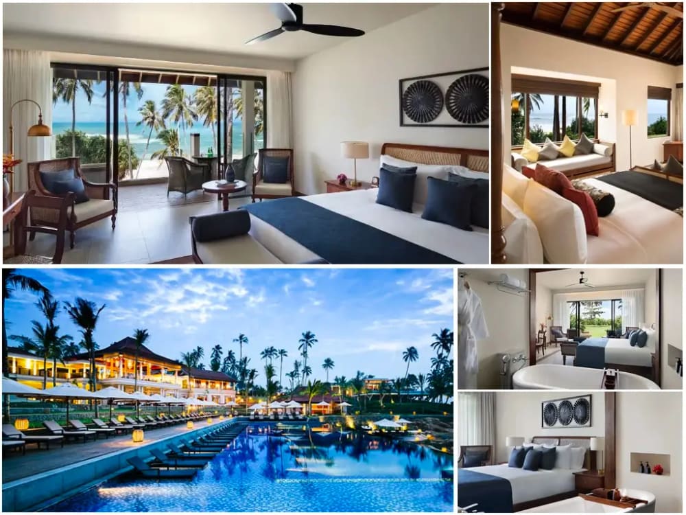 Rooms and the ocean-facing pool at Anantara Peace Haven, one of the Tangalle hotels we collect from